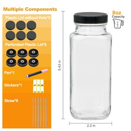 Maredash 8oz Glass Bottles with lids,juice bottles gifts for women,8oz Glass Jars with LIds,glass water bottles. Kit includes Stainless Steels Straws,Two Types of lids,Cleaning Brush 6pcs
