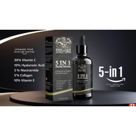 Steel & Sage 30% Vitamin C Anti-Aging Facial Serum for Men, 5-in-1 Formula with Hyaluronic Acid, Niacinamide, Collagen & Vitamin E, 30mL – Reduces Wrinkles & Dark Spots – Visible Results in 2 Weeks.