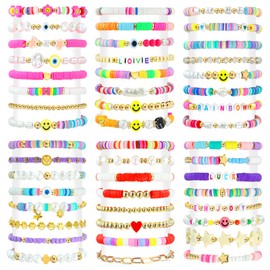 yesaior 48 Pcs Surfer Heishi Bracelets Clay Beaded Bracelet Stackable Rainbow Friendship Preppy Bracelets Beach Summer Jewelry for Women (Preppy)