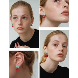 Cherry Fruit Earrings for Women and Teen Girls, Cute Kawaii Creative Green Leaf 3D Red Dangle Clip On Drop Studs Cherry Earrings Accessories Charms Jewelry Summer Beach Silver