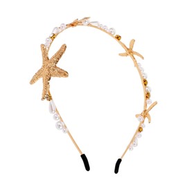 YYFIVEHAN Gold Beaded Starfish Headband for Women - Pearl Mermaid Hair Accessories, Elegant Beach Wedding Headpiece with Seashell Design, Bohemian Bridal Crown for Mermaid Theme Parties