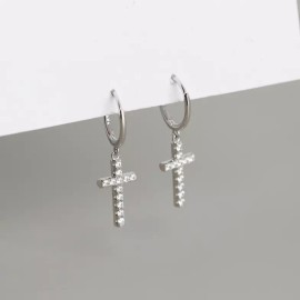 Unbranded Women 925 Sterling Silver CZ Round Cross Huggie Hoop Earrings 12mm Gift Box B22