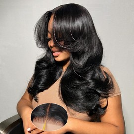 250 Density Layered Curtain Bangs Face-Framing 9x6 Glueless Wigs Human Hair Pre Plucked Pre Cut HD Lace Loose Body Wave Lace Front Wigs Ready to Wear Wigs Glueless Human Hair for Black Women 16 inch
