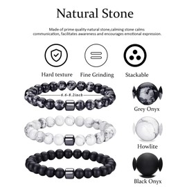 Crgwxzl Mens Beaded Bracelet Natural Stone Bracelet Set 8MM Stretch white Howlite Black Grey Onyx Beads Bracelets Adjustable Black Crystal Beaded Bracelet for Men Father Brother Jewelry Gifts
