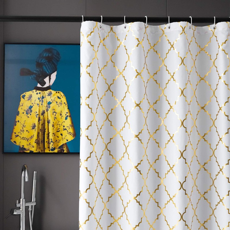 FINECITY White Shower Curtain Gold Moroccan Pattern with 12 Hooks