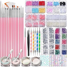 FANDAMEI Nail Art Brushes Set, Nail Art Kit, Nail Design Kit, Nail Dotting Tools, Nail Kit for Beginners, Chrome Nail Powder, Nail Stickers, Nail Rhinestones, Nail Charms Gems Nail Art Decoration Kit