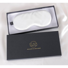 LUNA SUSTAINABLE LUXURY 100% 22 Momme Pure Mulberry Silk, Adjustable Sleep Mask, Filled with Pure Silk, Super Soft & Comfortable, Lightweight & Breathable, Blackout Eye Mask with Gift Box (White)