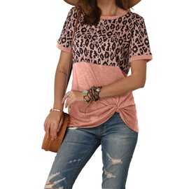 Bunanphy Summer Tops for Women Leopard Twist Knot Front Short Sleeve T Shirts Pink#22 Large