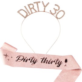 AOPRIE Dirty 30 Birthday Headband & Sash for Women Gold Birthday Tiara Crown Rhinestone Happy Birthday Hair Accessories Gift Sets