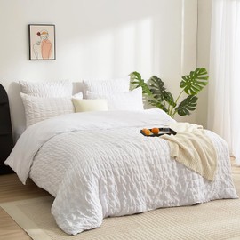 Boqingzhu Bed Linen White 135 x 200 cm Seersucker Summer Breathable Cooling Reversible Bed Linen Set Duvet Cover 135 x 200 cm and Pillowcase 80 x 80 cm with Zip