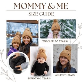 Funky Junque Mom and Me Matching Beanies, Cable Knit Pom Pom Winter Hats for Women, Baby, Toddler, Mama and Me Beanie Set, 3 Pack, Tan