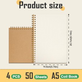 JIANTA Dotted Spiral Binding Notebook A5, 4 Pack Spiral Notepad A5, 100 Pages/50 Sheets Kraft Cover Wirebound Notebooks for Sketching, Diary, Notes, Planning