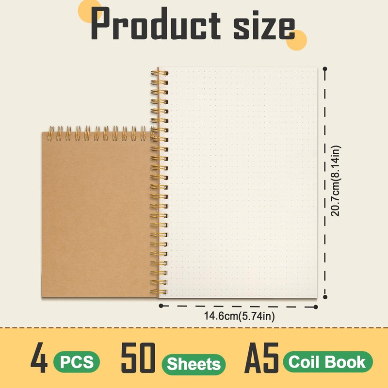 JIANTA Dotted Spiral Binding Notebook A5, 4 Pack Spiral Notepad