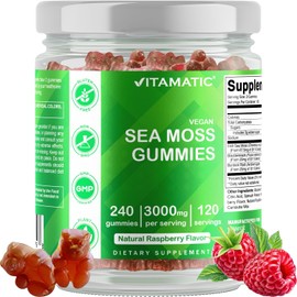 Vitamatic Irish Sea Moss Gummies – 3000mg – 240 Vegan Gummies with Bladderwrack & Burdock Root – Gluten-Free, Non-GMO Seamoss Supplement for Immune Support, Digestion, and Energy
