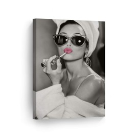 Audrey Hepburn Wall Art Pink Lips Makeup CANVAS PRINT Iconic Pop Art Pretty Beauty Black and White Living Room Bedroom Wall Decor Home Decor Artwork Ready to Hang Made in USA - 17x11