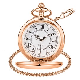 Tiong Vintage Pocket Watch with Chain Smooth Steel Roman Numerals Quartz Pocket Watch with Chain for Men Christmas Birthday Gifts, Rose Gold, vintage