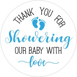 50 Blue Little Feet Baby Shower Stickers, Thank You for Showering Our Baby with Love Stickers, Baby Shower Favors for Boys, Baby Shower Favor Labels, 2 Inch.