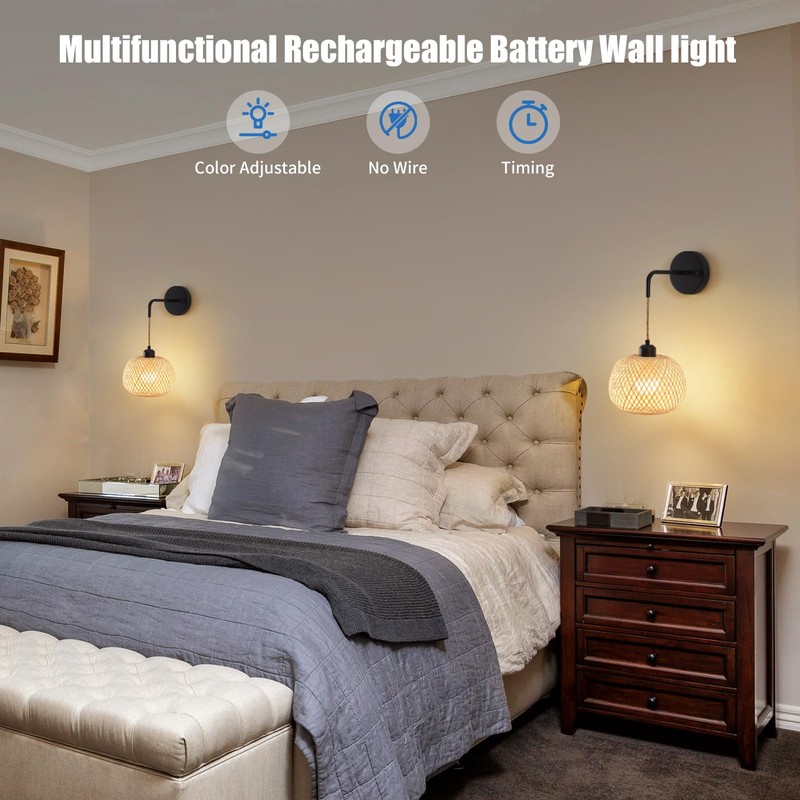 Vitnucrol Battery Operated Wall Sconce Set of Two, Bamboo Rechargeable