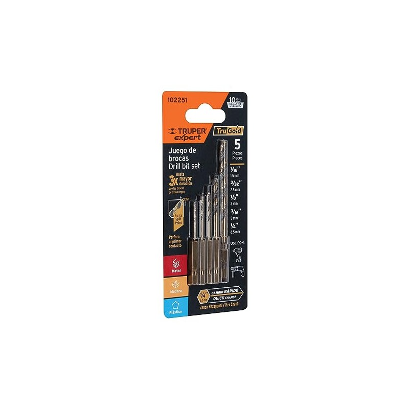 Truper Expert JBAV-5R, Juego de 5 brocas HSS para metal