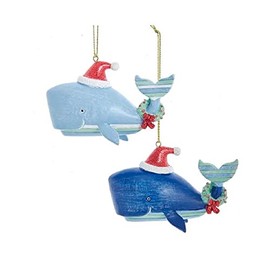 Whimsical Blue Striped Whales with Wreaths Christmas Holiday Ornaments Set of 2