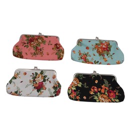 4Pcs Canvas Floral Rose Flower Coin Purse, Long Kiss Lock Wallet Vintage Large Flower Pattern Buckle Change Purse Women Wallet Clutch Purse