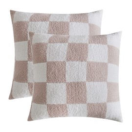 REPRECONF Set of 2 Ultra Soft Cozy Buffalo Checkerboard Fluffy Microfiber Checker Knitted Throw Pillow Cover Fleece Cushion Case Decorative for Sofa Couch Bed 18 inches Both Sides (Cream)