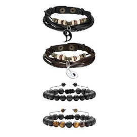 4 pcs Ying Yang Leather Braided Couple Bracelets Tiger Eye Lava Stone Bracelets Unique Delicate Jewelry Accessories