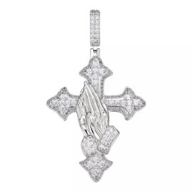 Hip Hop MOISSANITE Gothic Cross & Praying Hands Pendant Iced Real 925 Silver Necklace - Small (1")
