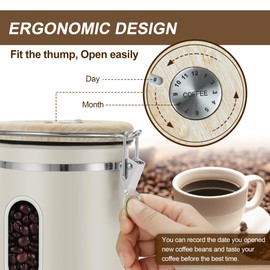 1800ML Airtight Coffee Canister with Date Tracker Transparent Window, 22.8OZ Coffe Beans Storage with 30 ML Measure Spoon&4 co2 Valve, Kitchen Food Storage Container for Ground Coffee,Coffee Beans&Tea