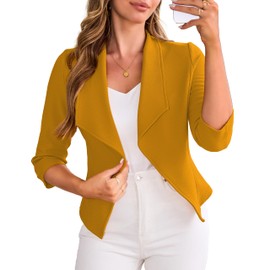 CARDYDONY Women 3/4 Sleeve Blazer Open Front Cardigan Jacket Work Office Blazer, Mustard, M