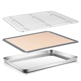 Cookie Sheet with Rack Set, E-far 16”x12” Stainless Steel Baking Sheet Pan for Oven Cooking, Rimmed Metal Tray with Wire Rack & Silicone Baking Mat for Cooling Roasting Bacon Steak - Dishwasher Safe