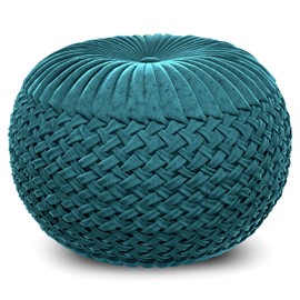 SIMPLIHOME Grafton Transitional Round Pouf in Teal Velvet Fabric for the Living Room, Bedroom and Kids Room