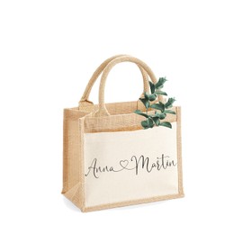 AMBERGER DESIGN by A&M Osterhage amd Jute Tasche klein mit Henkel - Name & Herzen Personalisiert Geschenkidee Hochzeit | Außentasche & Innentasche Größe: 26x22x14cm