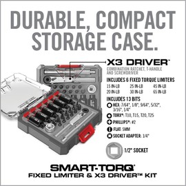 Real Avid Smart-Torq Fixed Limiter & X3 Driver Kit – Torque Screwdriver & Ratcheting Driver Tool Set with 6 Fixed Torque Limiters, 12 Bits, 1/2" Socket with 1/4" Adapter & Storage Case for Maintenance