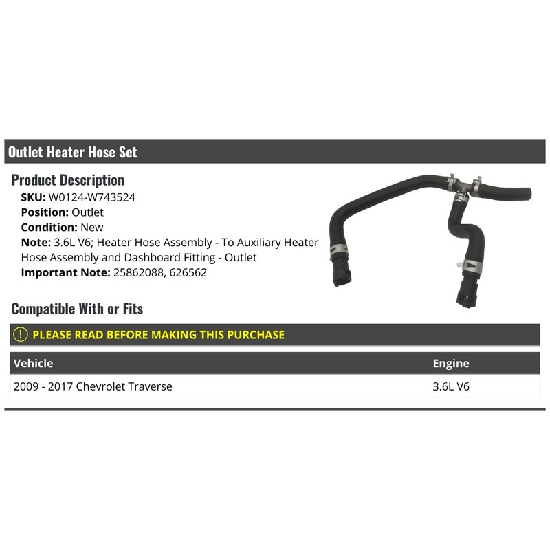 Outlet Heater Hose Set - Compatible with 2009-2017 Chevy Traverse