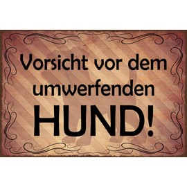 mrdeco Metall Schild 12x18cm gewölbt Vorsicht vor dem umwerfenden Hund Sprüche Blechschild