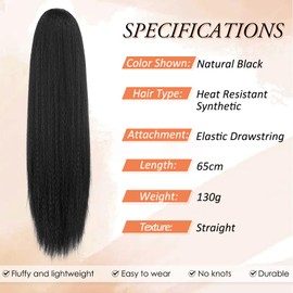 RUWISS Drawstring Ponytail for Black Women, Yaki Straight Ponytail Hair Extension, 65 cm, Long, Thick Pony Tail Clip in Synthetic Ponytail Hairpiece, Natural Black