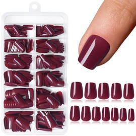 Bellelfin 240pcs Short Press on Nails Dark Red Full Cover Short Coffin Glossy Fake Nails Acrylic Artificial False Nail Tips with 5 Sheets Adhesive Glue Tabs for Women and Girls Fingernails Design