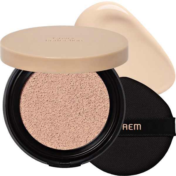 the SAEM Cover Perfection Concealer Cushion With 56 Hours Natural Finish #1 Clear Beige - Full Coverage Moisturizing Concealer With 16 Times More Cover Particles - Pore Minimizing Foundation For All Skin Types, 0.4oz.