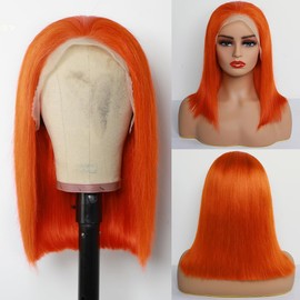 CYSDRH 13x4 Transparent Lace Front Human Hair Wigs for Black Women 180% Density Ginger Orange Bob Wig Pre Plucked 100% Brazilain Remy Human Hair Wigs - 12 Inch Short Glueless Bob Wigs