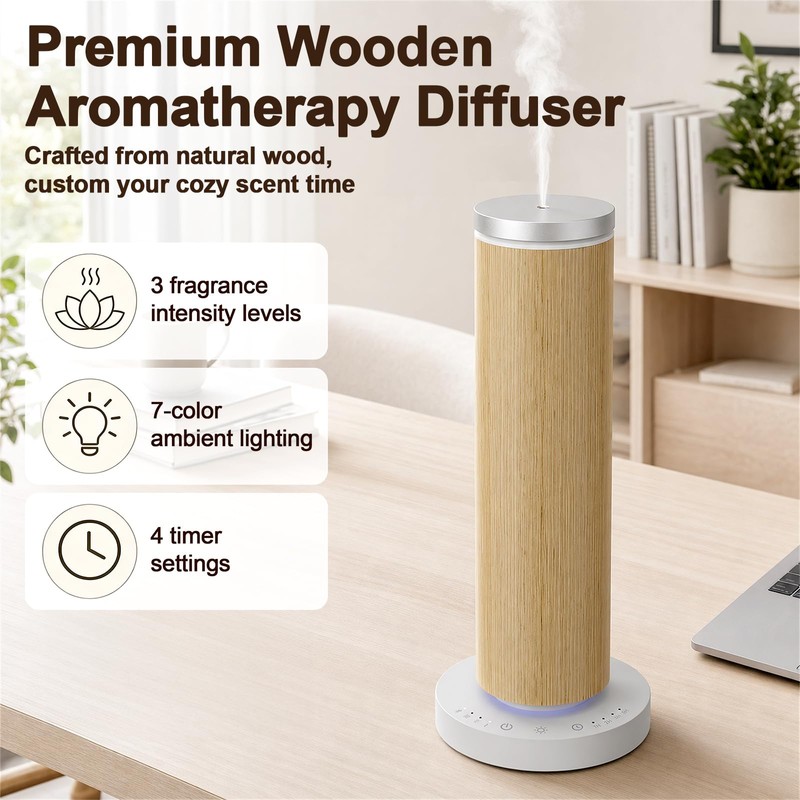 Waterless Essential Oil Diffuser, Wood Scent Diffuser with 5 Fragrance