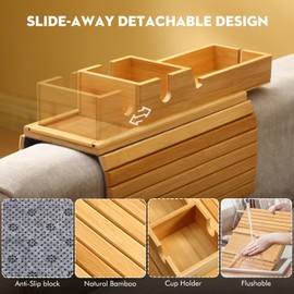 Bamboo Couch Arm Tray with Detachable Cup Holder, 2 in 1 Foldable Anti-Falling Design for Cups, Snacks, Remote, Cellphone