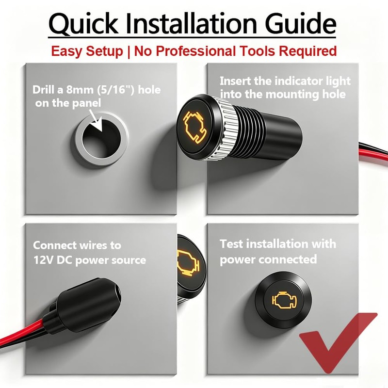 Taiss 8mm (5/16") 12V LED Metal Indicator Light, Yellow Check