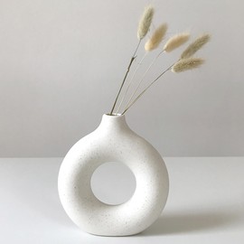 Eastern Rock White Ceramic Vases for Pampas Grass,Water Drop Design Doughnut vase Modern Home Decor Minimalist Nordic Boho Ins Style (White Mini)