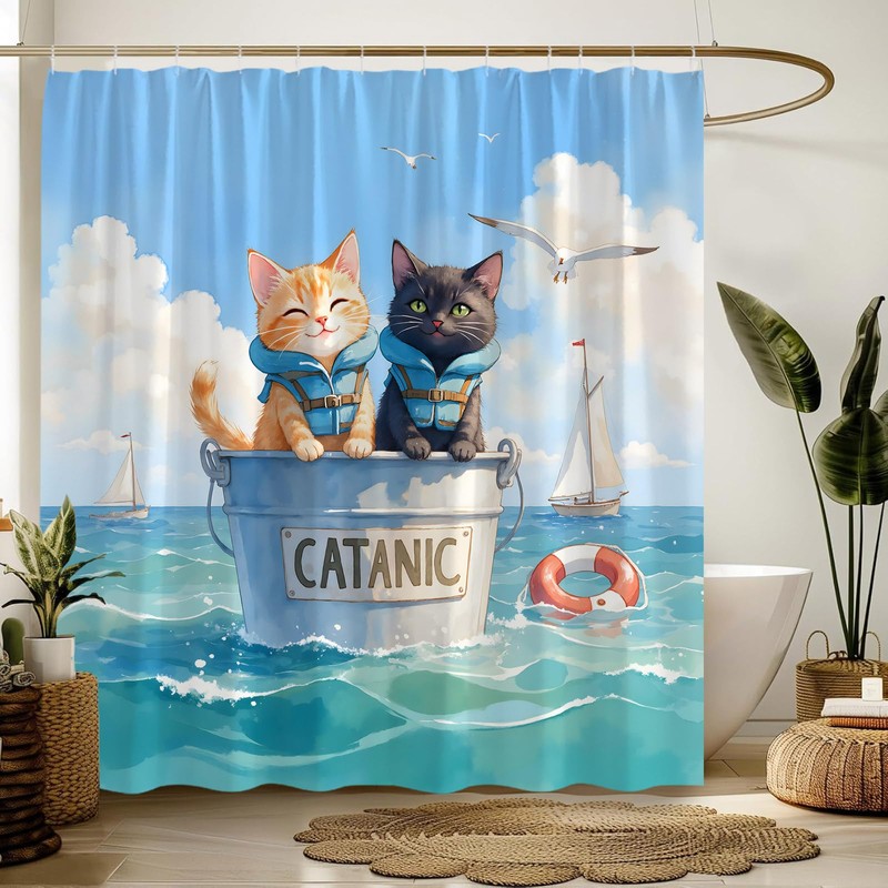 Funny Cats Shower Curtain,Catanic Animal Ocean Kittern Cute Blue Polyester