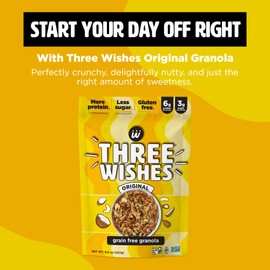 Three Wishes Granola, Original (4-Pack) - Gluten Free Granola, 6g Protein & 3g Sugar Healthy Breakfast & On-the-Go Snack - Vegan, Kosher & Grain-Free