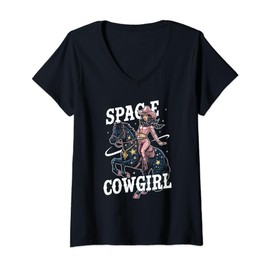 Womens Retro Space Cowgirl: Vintage Galactic Western Adventure V-Neck T-Shirt