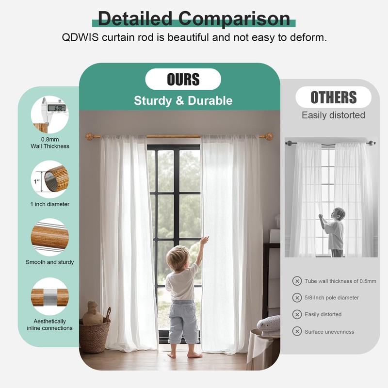 QDWIS Wood Curtain Rods for Windows 48 to 84 Inch,