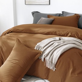 BDEAR Linen Feel Duvet Cover Queen Size, 100% Washed Cotton Comforter Cover Size 90x90inch with Zipper Closure and 2 Pillowcases, Solid-Dark Orange