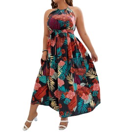 Floerns Women's Plus Size Boho Sleeveless Halter Neck Tie Back A Line Long Dress Black Multi 1XL